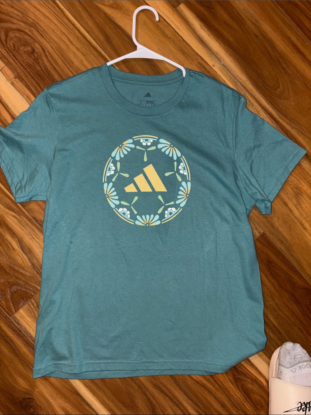 adidas women’s large  Teal Short-Sleeve Graphic Logo Tee